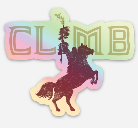 CLIMB Sticker Featuring Rearing Horse and Rider Holographic Version